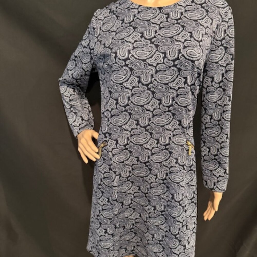 Michael Kors Navy Paisley Long-Sleeve Sheath Dress – Size 14